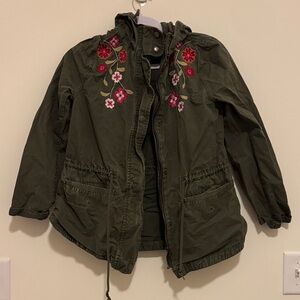 Xhilaration Olive Green Hooded Jacket with Pink & Red Floral Embroidery